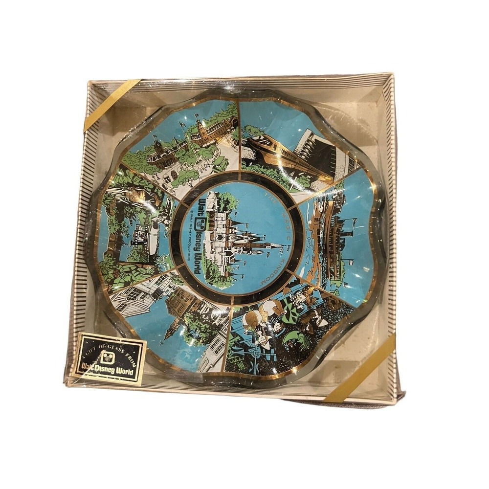 Walt Disney World Retro 70s Glass Candy Dish Plate Bowl Magic Kingdom Vintage.